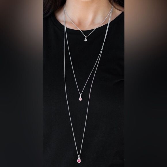 Set! 3 tiered necklace with pink and white rhinestone pendants with earrings - Picture 1 of 3